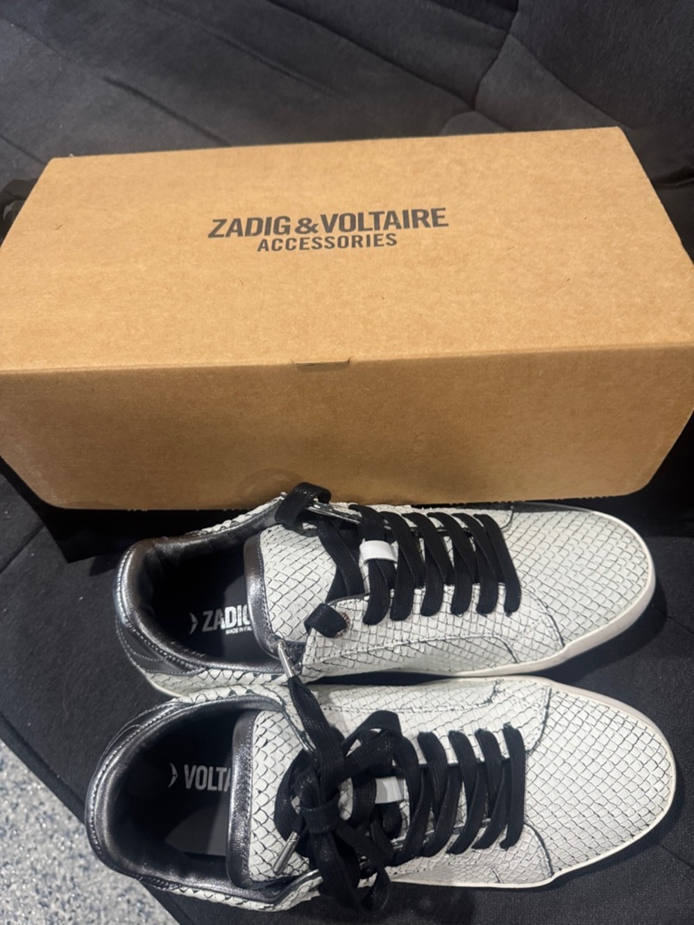 Zadig & Voltaire White Snake-Texture Sneakers with Black Laces - Picture 5 of 6